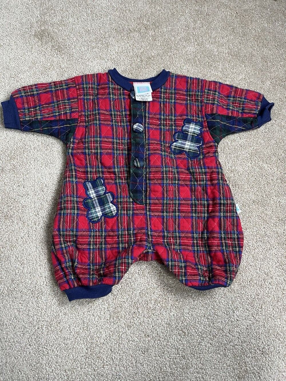 Vtg Little Me Tartan Plaid Romper 3M Red Quilted Teddy Bear Christmas Sleeper US
